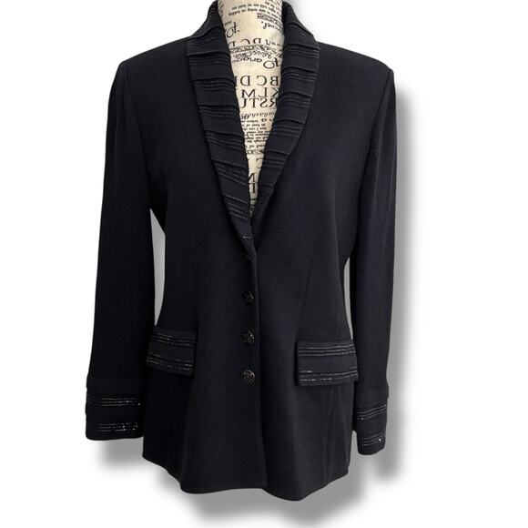 Vintage St John Evening Size 4 Black Knit Bead Embellished Blazer Jacket USA